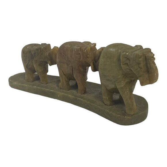 Hand-Carved Soapstone Elephant Family Set Vtg Trunks Up Good Luck Paperweight - Picture 6 of 7